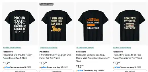 Camisetas diseñadas por Palozebra publicadas en Amazon